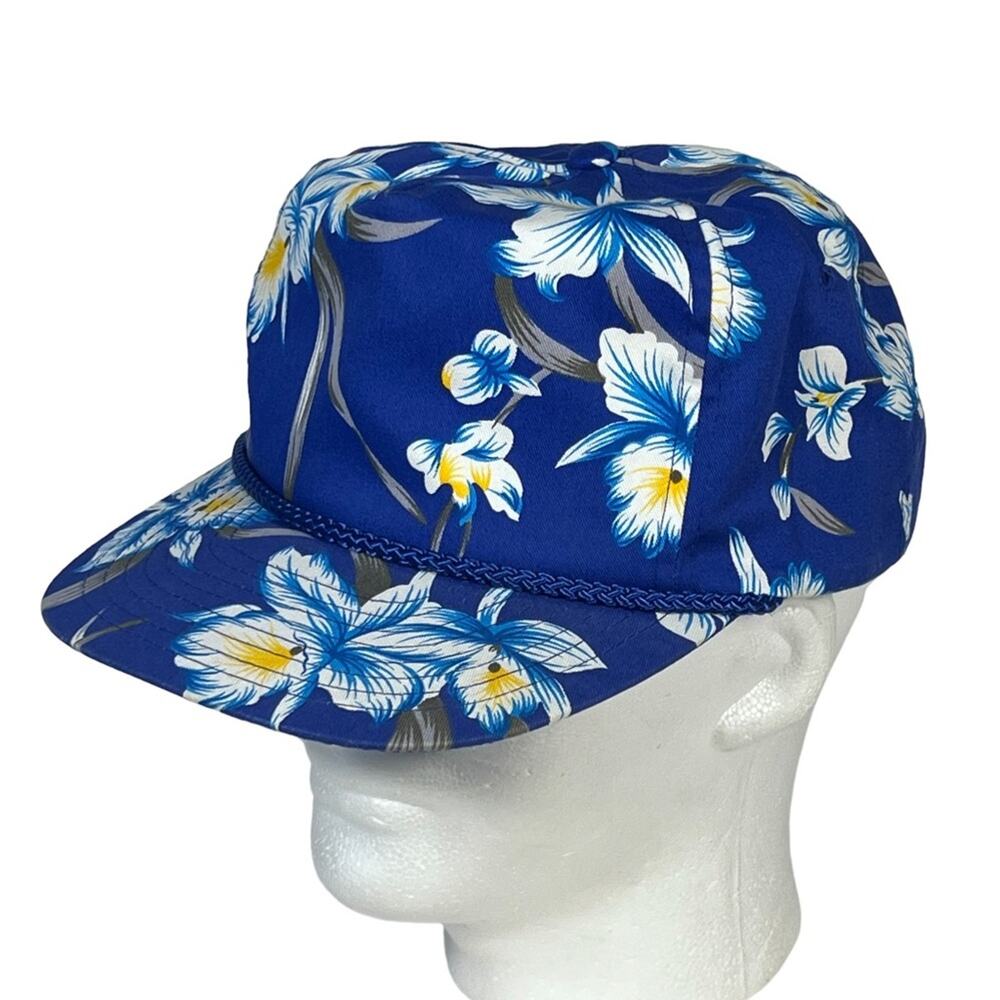 Tropical Floral Blue White Yellow Vintage 80s 90s Rope Snapback Hat Men One Size